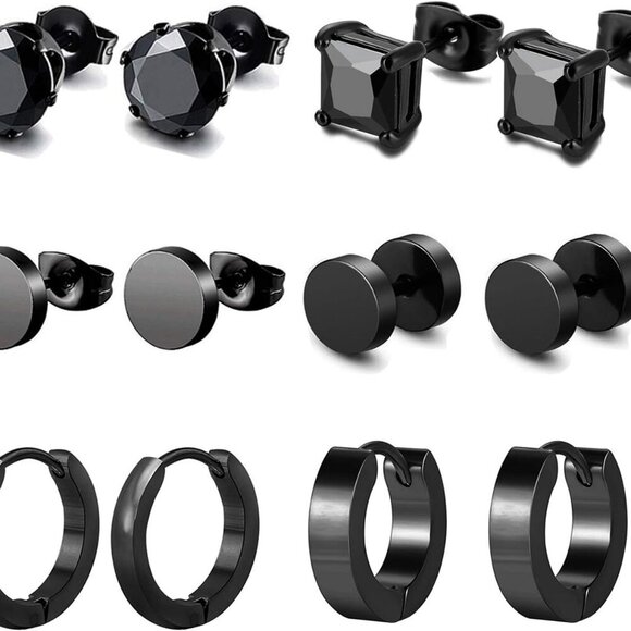 Stylish 6-Pair Hoop & Stud Earrings in Black Stainless Steel with CZ Accents - Picture 1 of 7